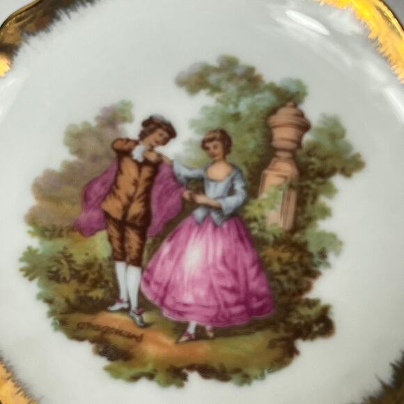 Limoges Miniature Plate with Stand 4" Gold Surround Courting Couple Trinket Dish - Picture 3 of 7